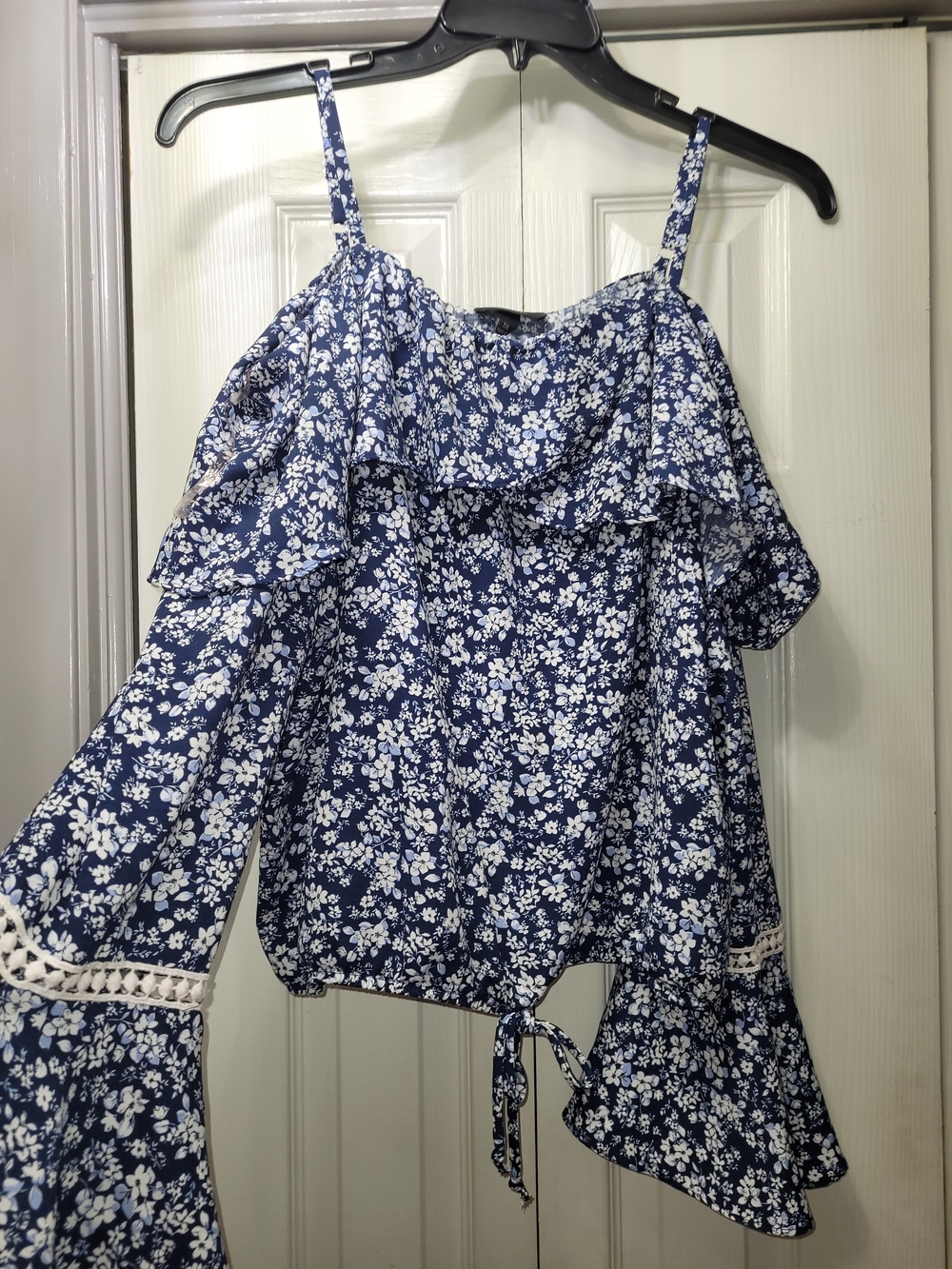 Iz Byer Navy Blue White Floral Off-Shoulder Ruffle Tie Top